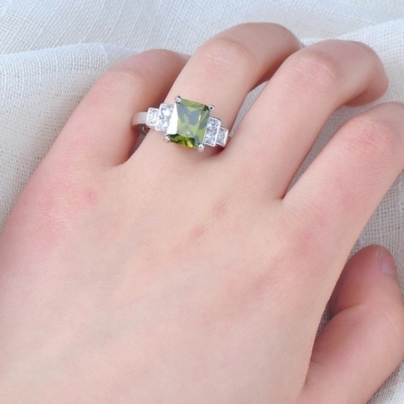 Square Olive Green Stone Ring Luxury Birthstone Rings - Picture 6 of 13